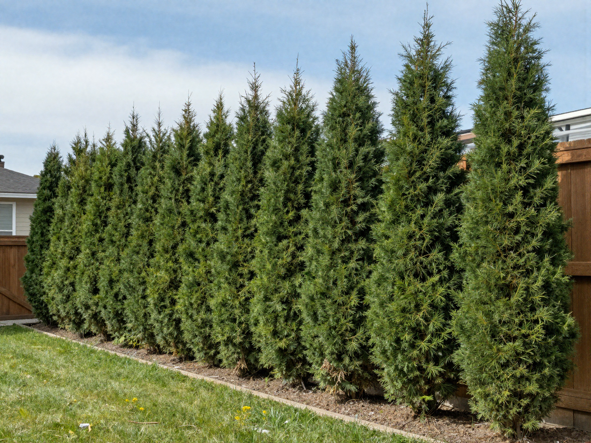 Cedar privacy hedge newly planted along a wood fence in a Toronto backyard