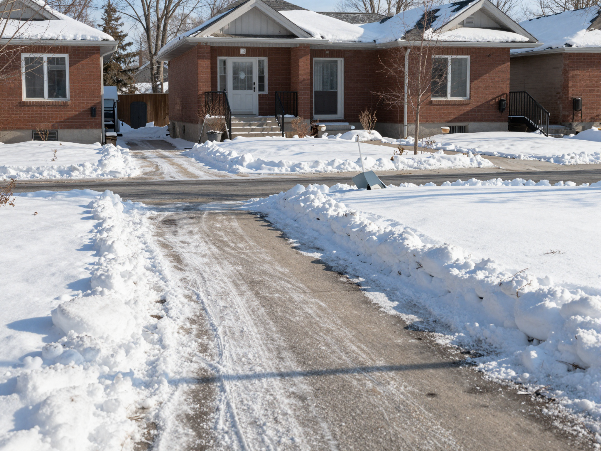 Snow-cleared driveway and walkway in winter