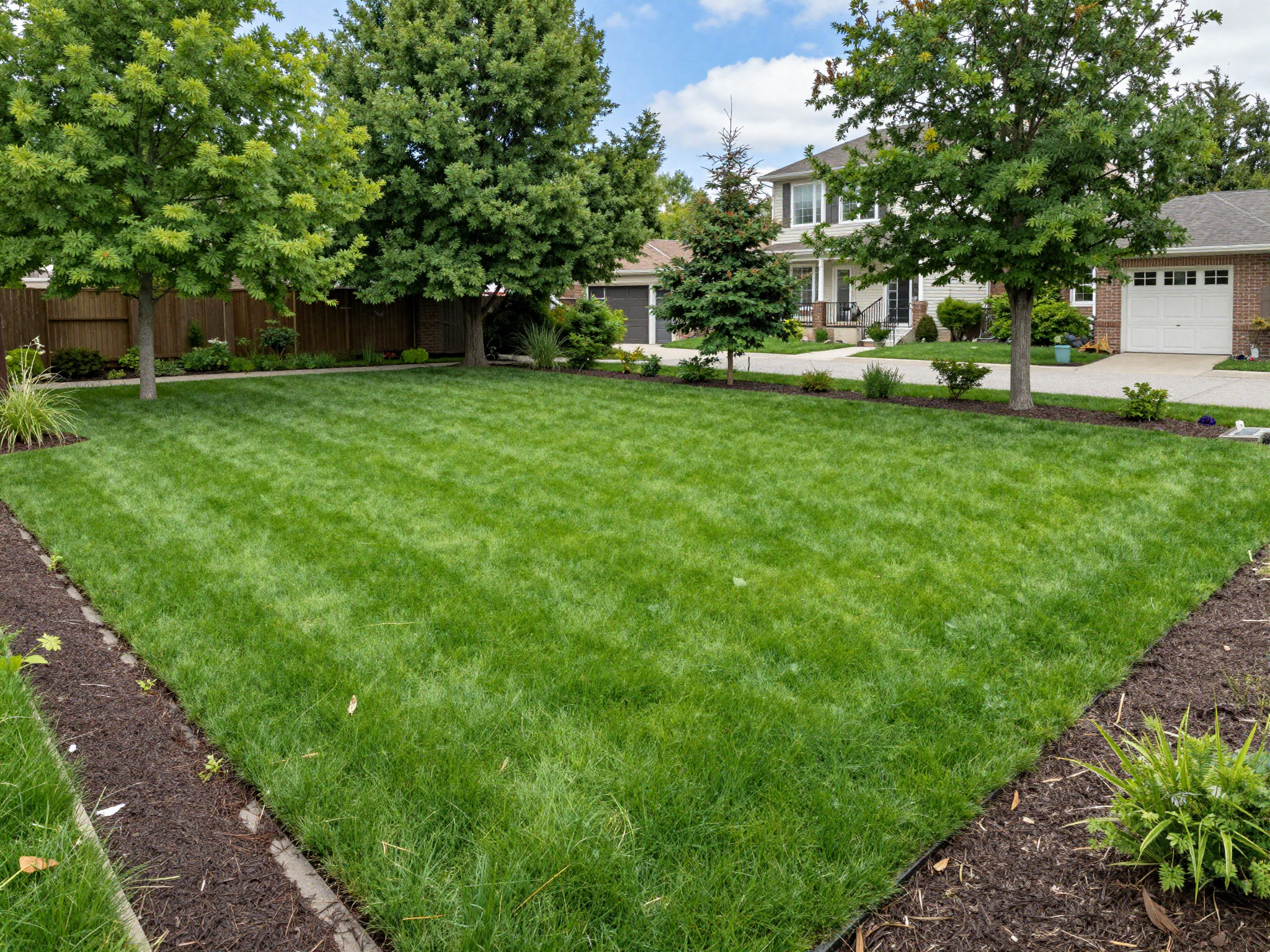 Wide manicured backyard lawn after a fresh sod install